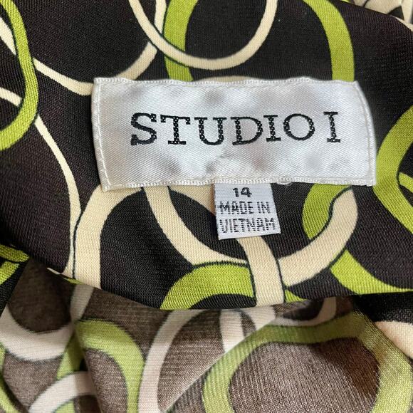 Vintage 90s Studio I Slinky Geometric Print Cocktail Dress Size 14 Green Multi - Picture 6 of 8